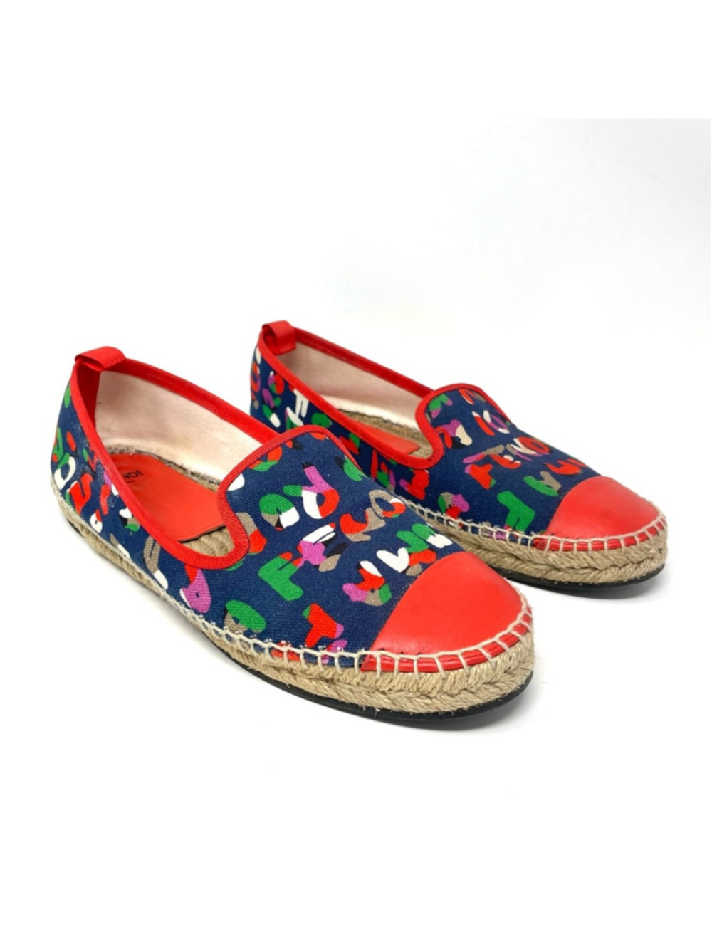 FENDI Junia Roma Canvas Espadrille with Poppy Red Leather Toe Cap Size 39 - Picture 2 of 12
